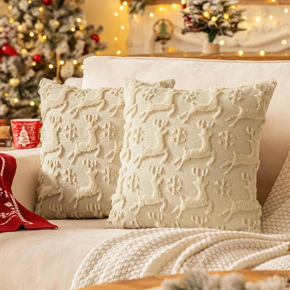 1940 Set of 2 Snowflake Christmas Throw Pillow Covers 20x20 Inch Beige